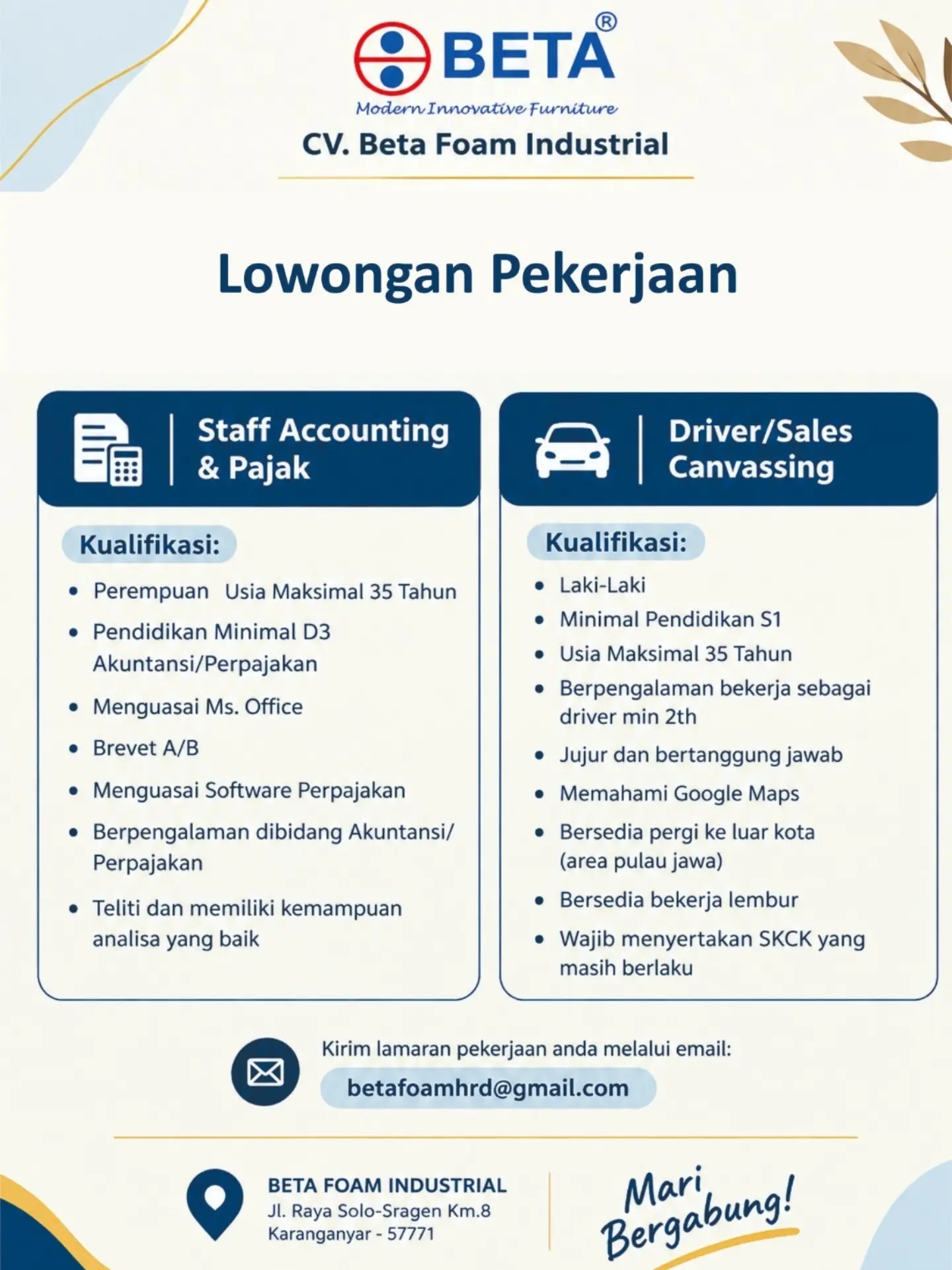 Poster Lowongan Kerja CV. Beta Foam Industrial