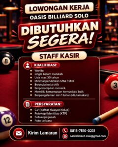 Lowongan Kerja Staff Kasir di Oasis Billiard Solo (Solo)