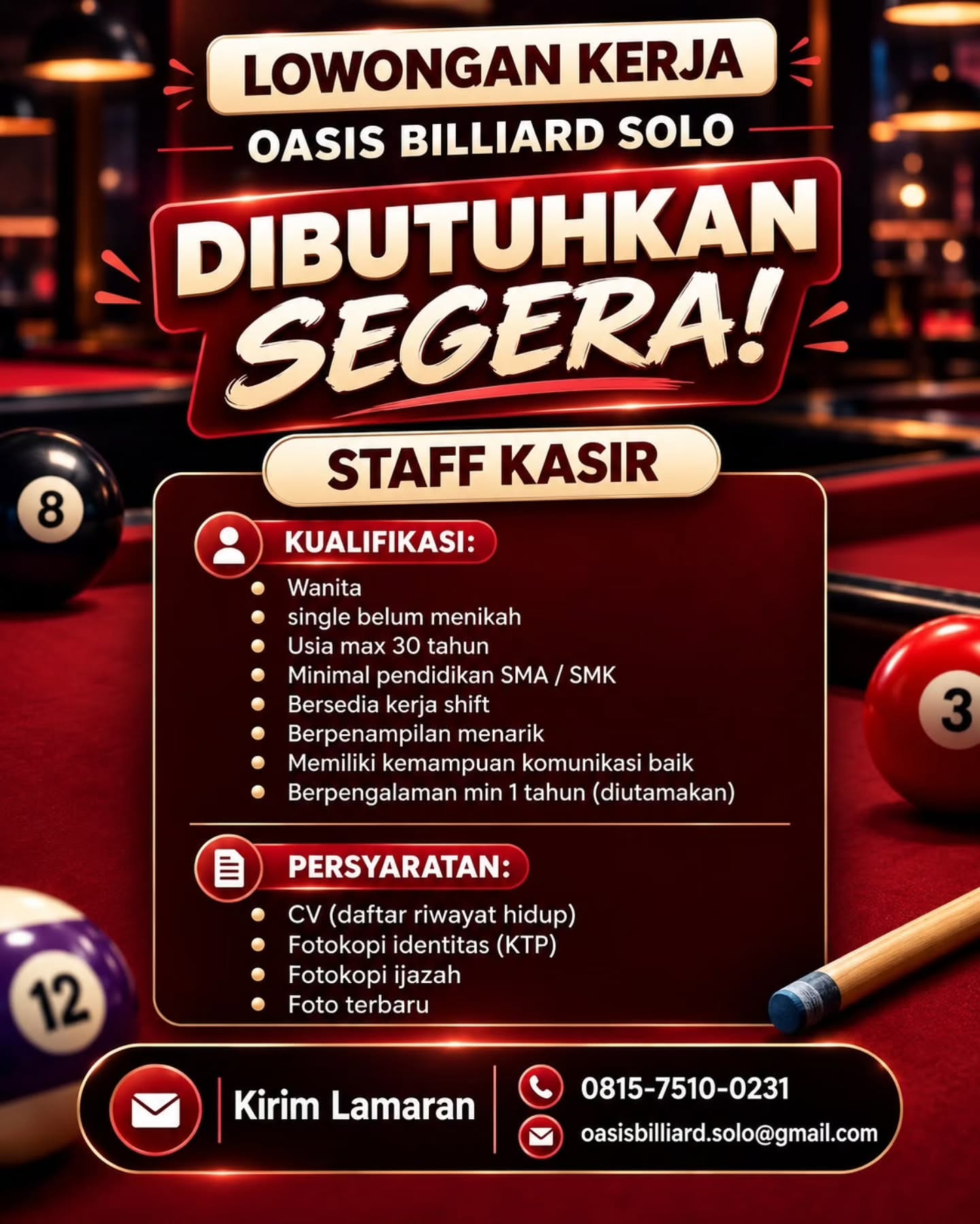 Poster Lowongan Kerja Staff Kasir - Oasis Billiard Solo