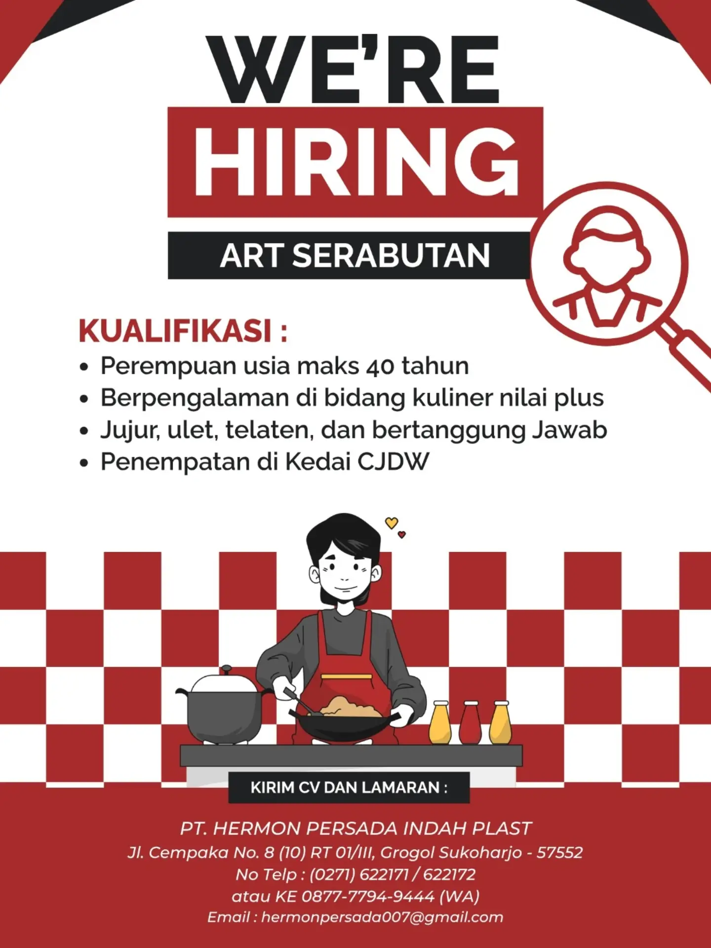 Poster Lowongan Kerja ART Serabutan - Kedai CJDW (PT Hermon Persada Indah Plast)