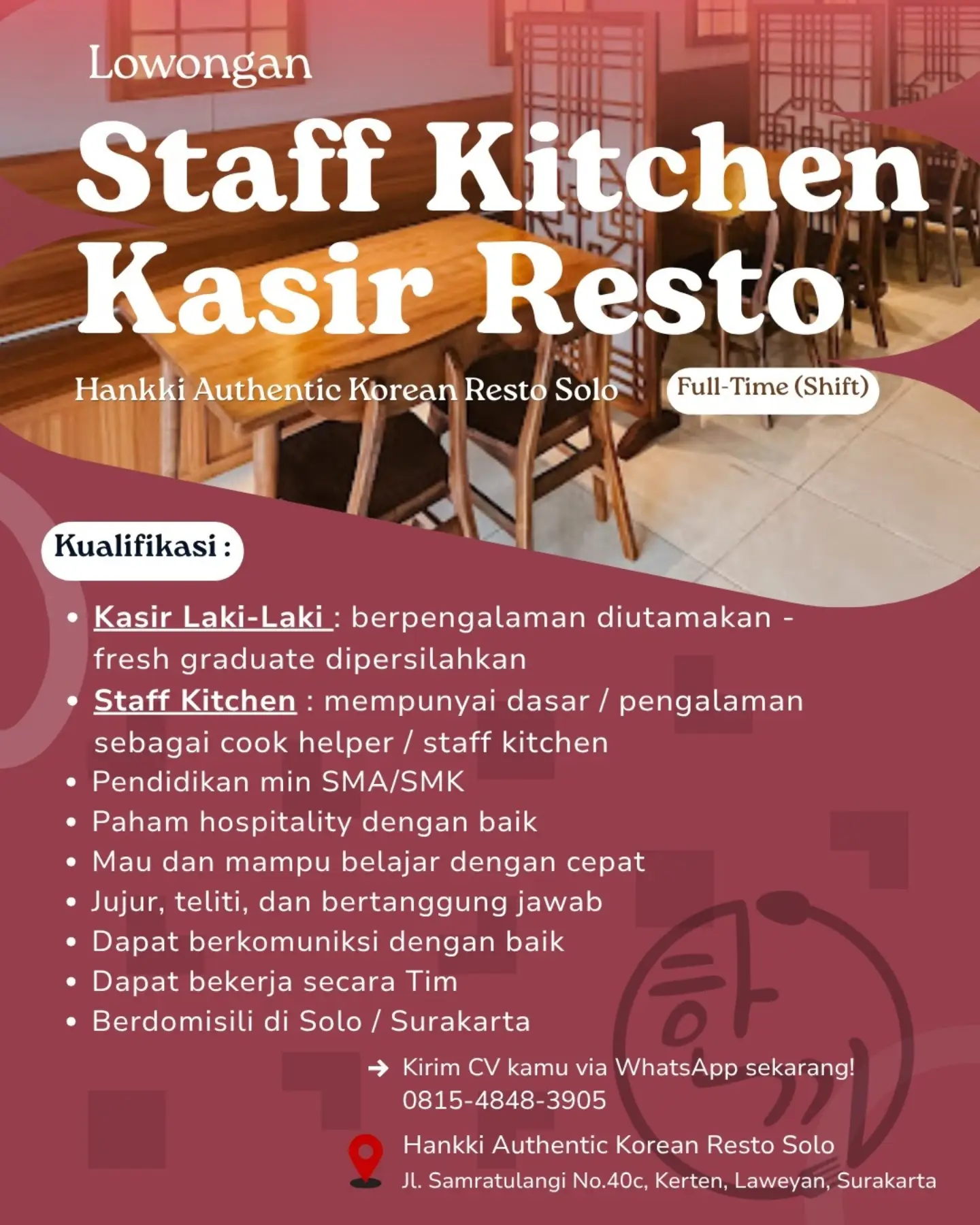 Poster Lowongan Kerja Hankki Authentic Korean Resto Solo