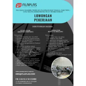 Lowongan Kerja di FILA DJAYA MANDIRI (FILAPLAS) (Staff Exim (Eksport Import) & Operator Bubut & Milling) – Karanganyar
