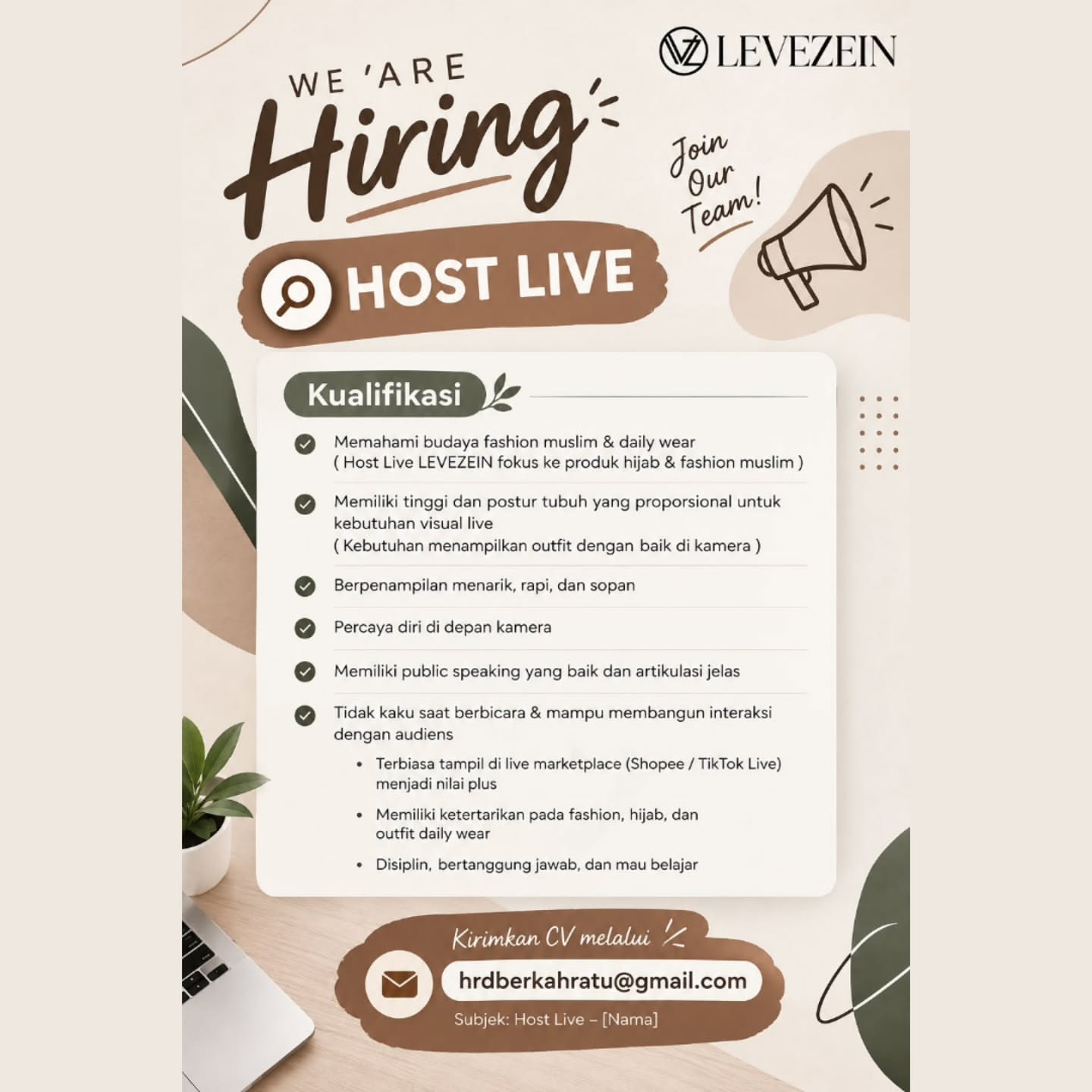 Poster Lowongan Kerja Host Live - LEVEZEIN (CV Berkah Ratu Group)