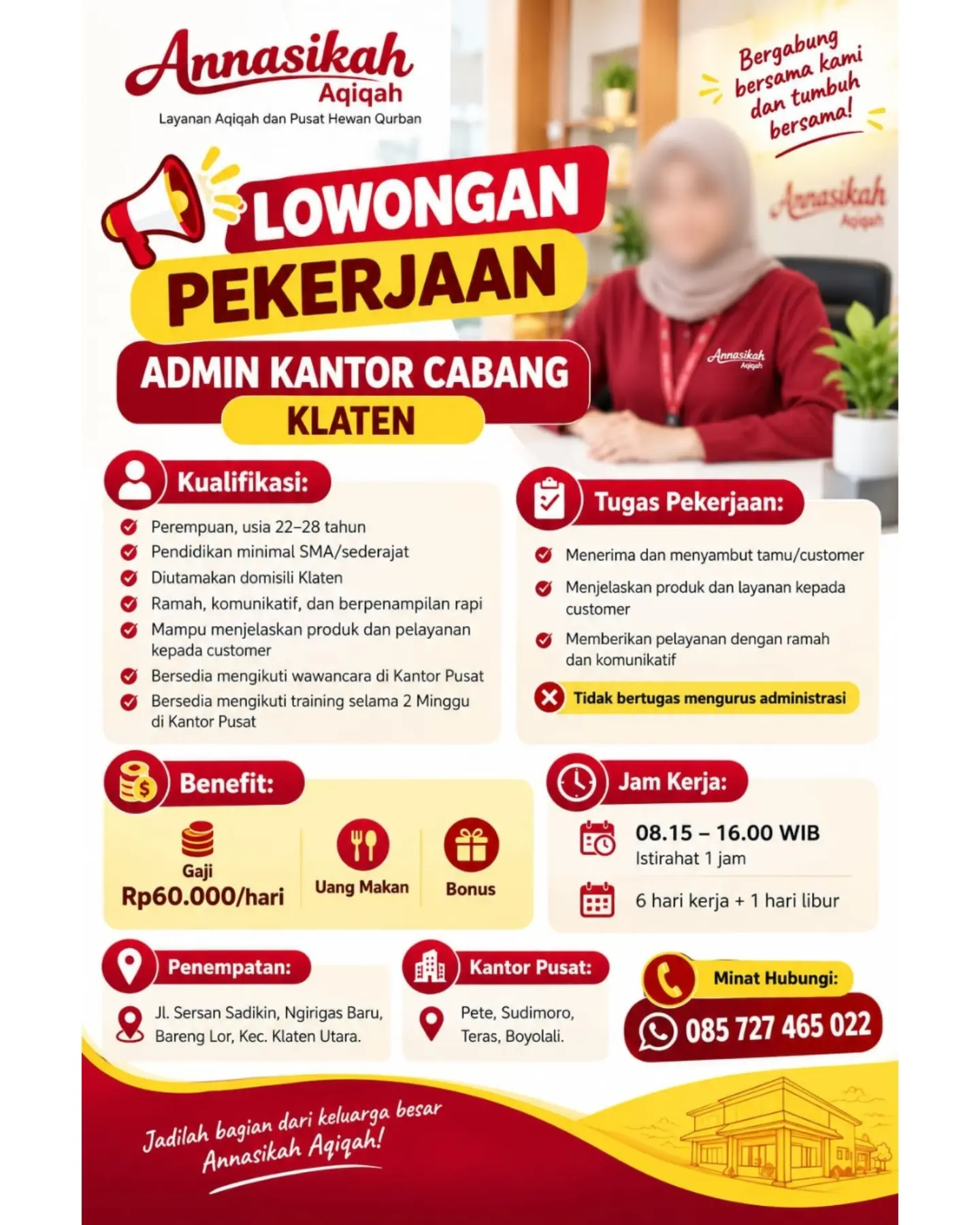 Poster Lowongan Kerja Admin Kantor Cabang Klaten - Annasikah Aqiqah