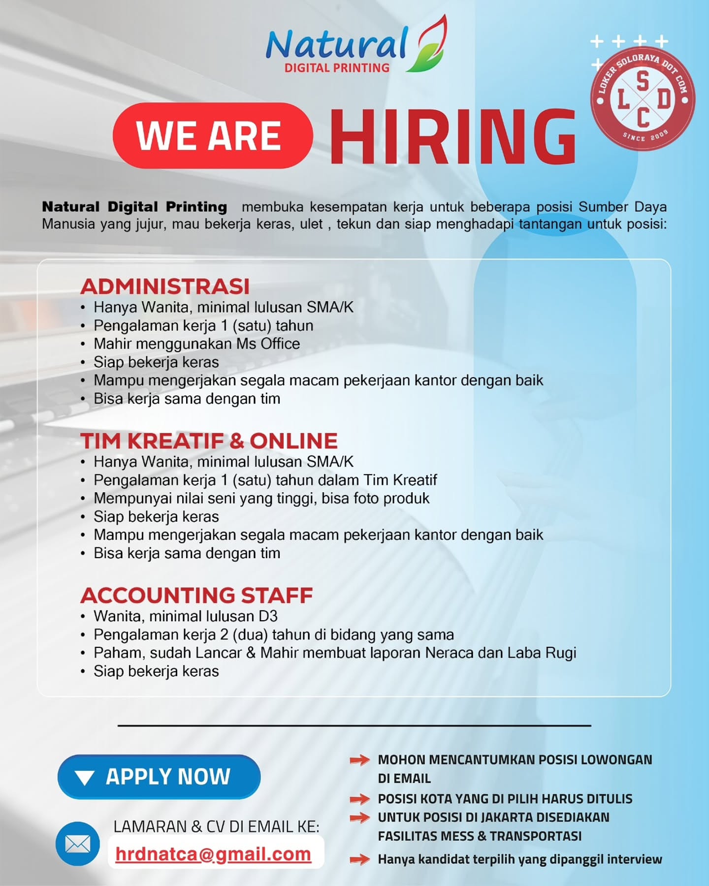 Poster Lowongan Kerja Natural Digital Printing Slide 1