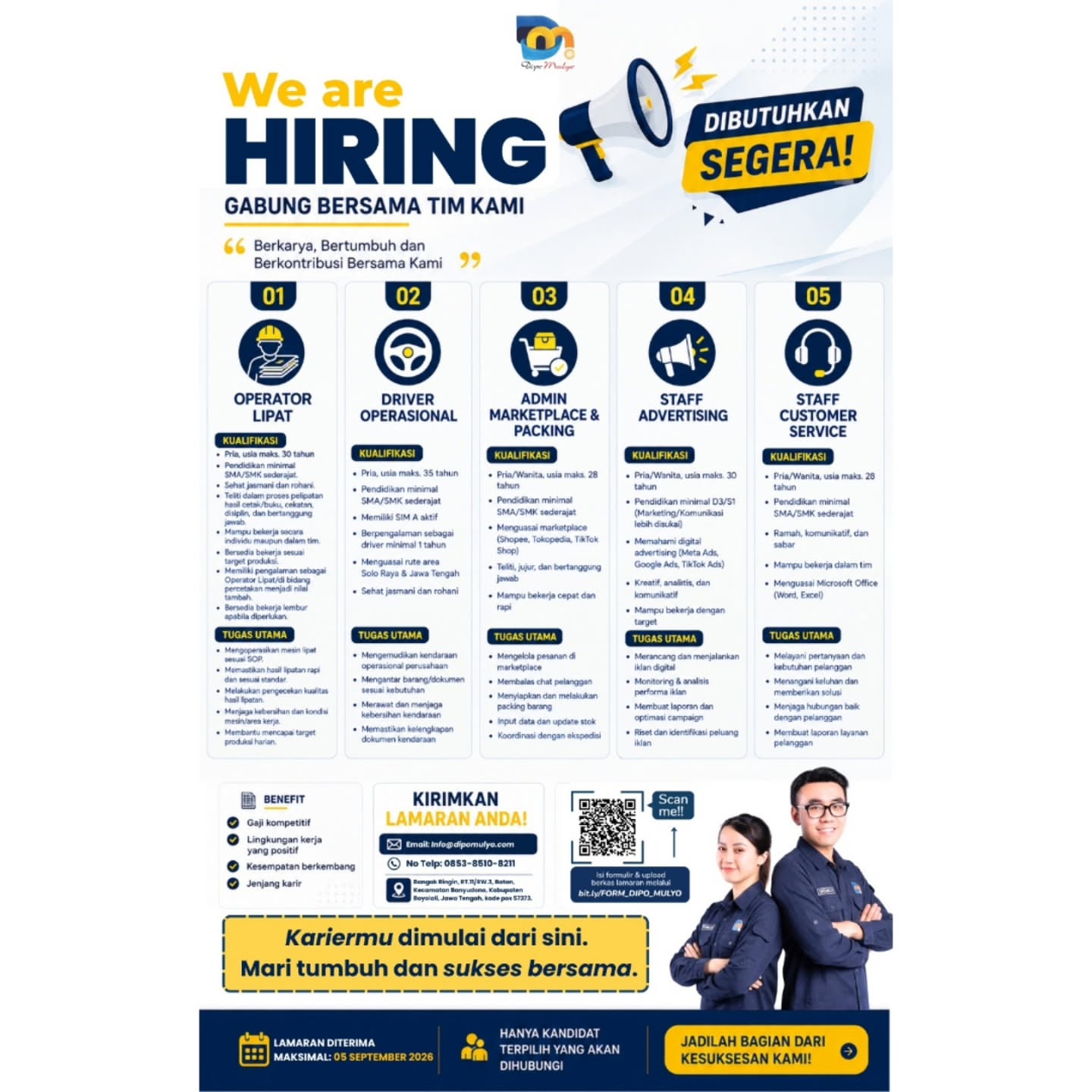 Poster Lowongan Kerja CV Dipo Mulyo Slide 1