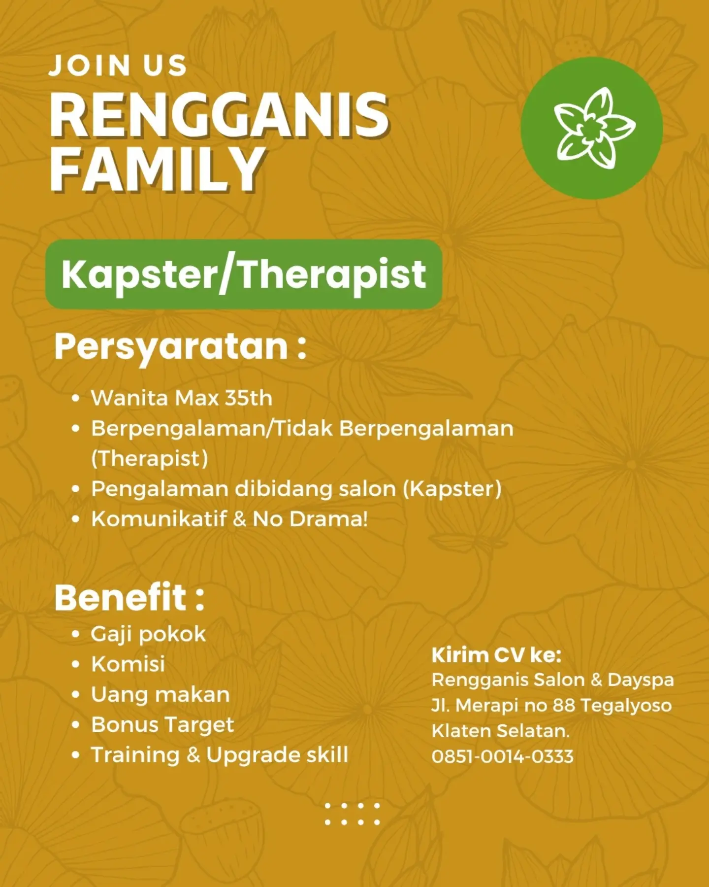 Poster Lowongan Kerja Kapster / Therapist - Rengganis Salon & Dayspa