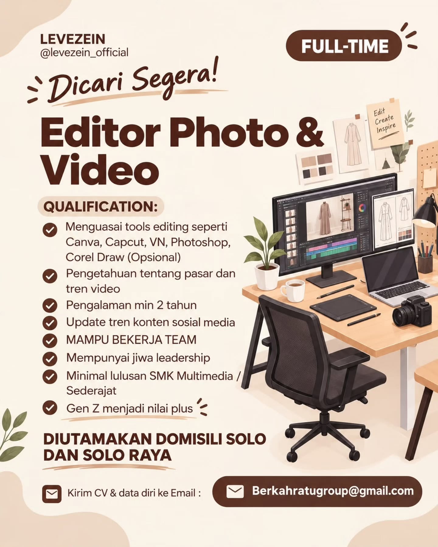 Poster Lowongan Kerja Editor Photo & Video - LEVEZEIN (Berkah Ratu Group)