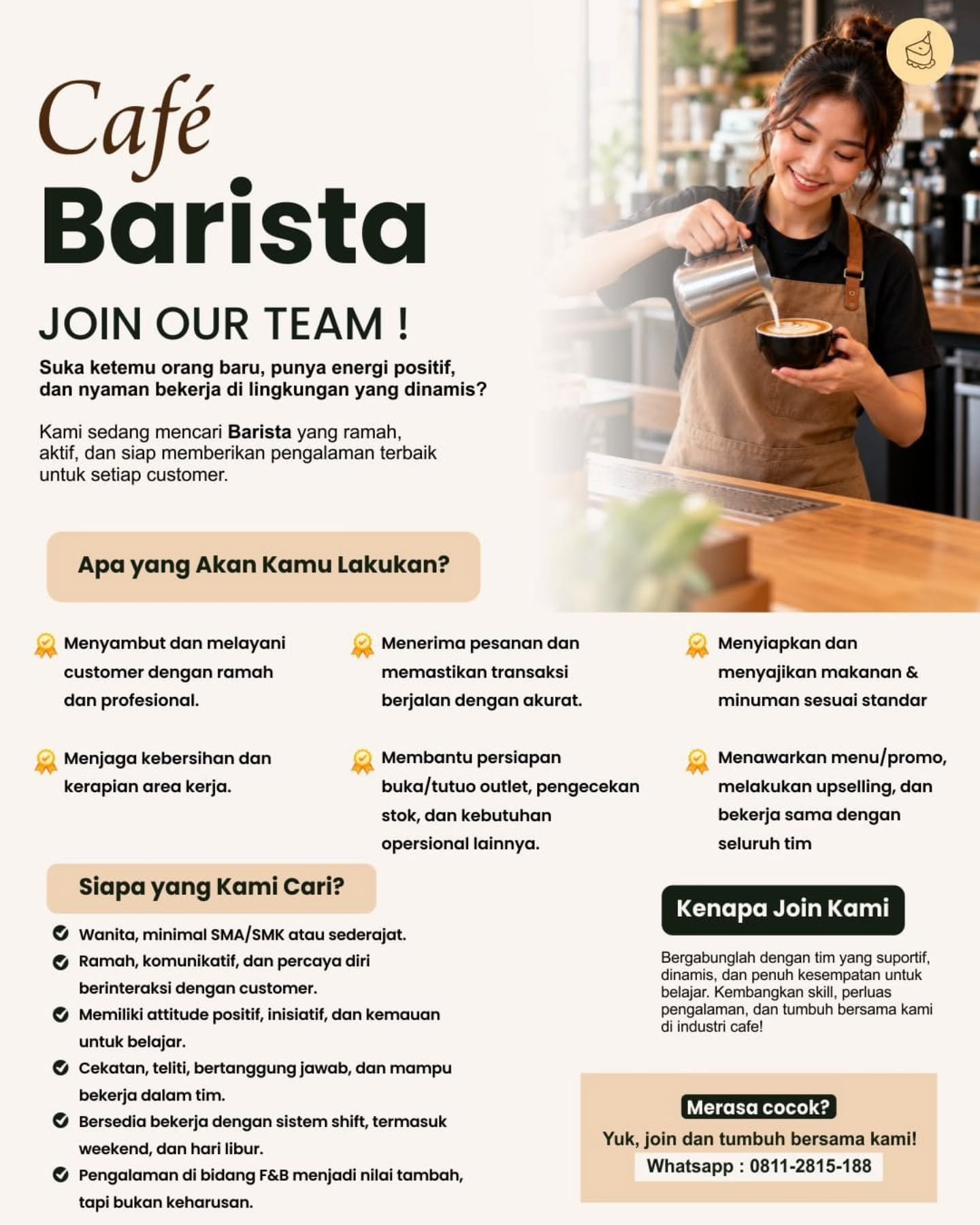 Poster Lowongan Kerja Cafe Barista - Milknbutter Cafe