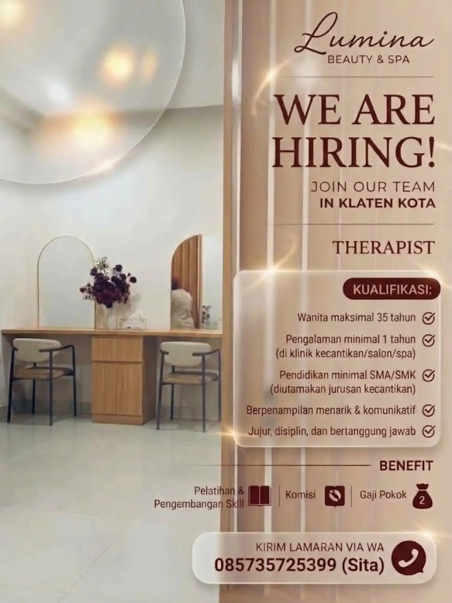 Poster Lowongan Kerja Therapist - Lumina Beauty & Spa