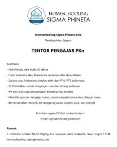 Lowongan Kerja Tentor Pengajar PKn di Homeschooling Sigma Phineta Solo (Surakarta)