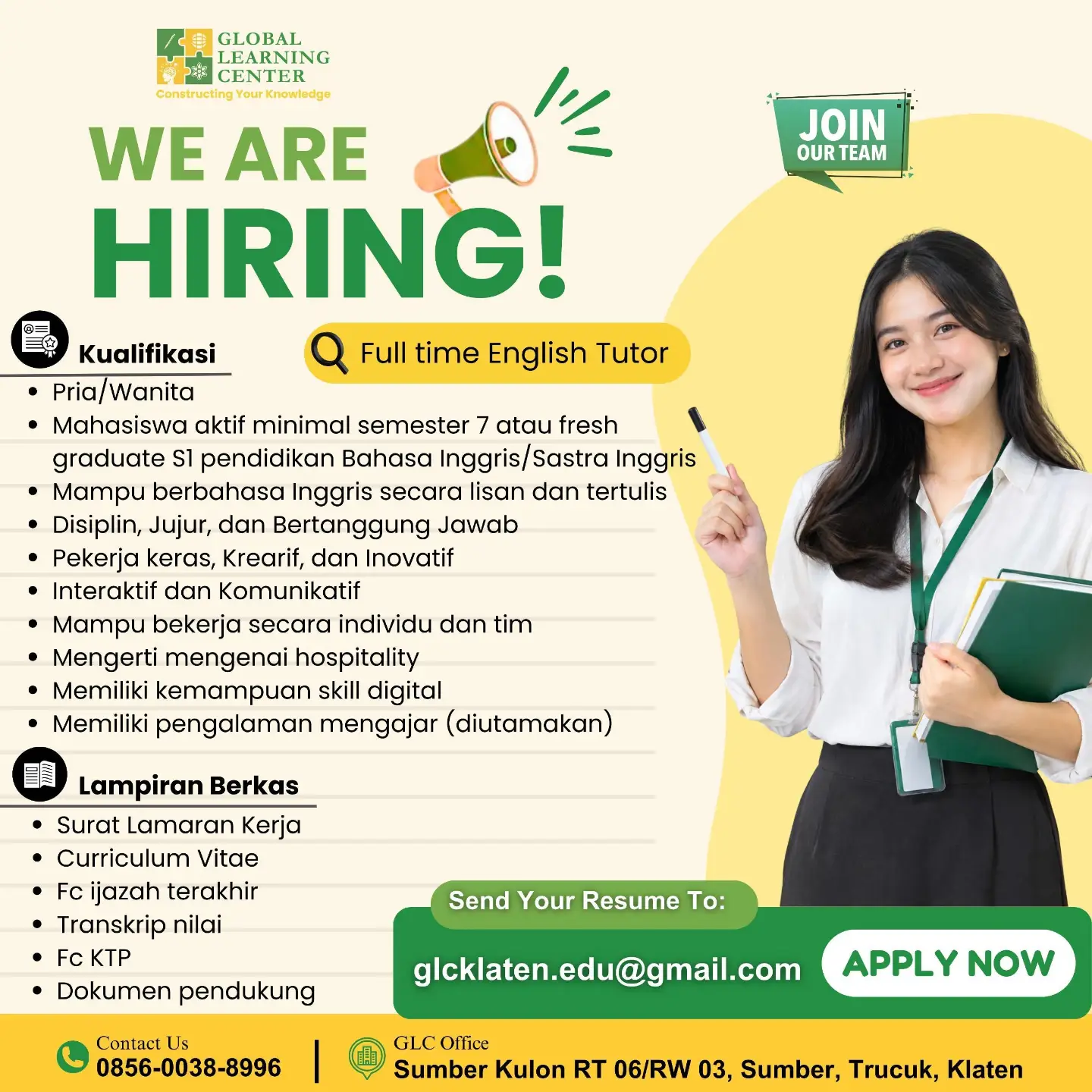 Poster Lowongan Kerja Full time English Tutor - Global Learning Center (GLC)