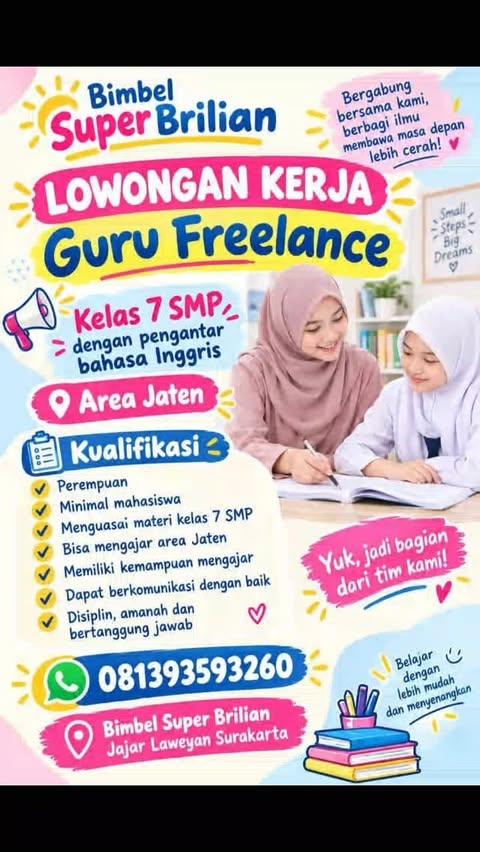 Poster Lowongan Kerja Guru Freelance Kelas 7 SMP - Bimbel Super Brilian