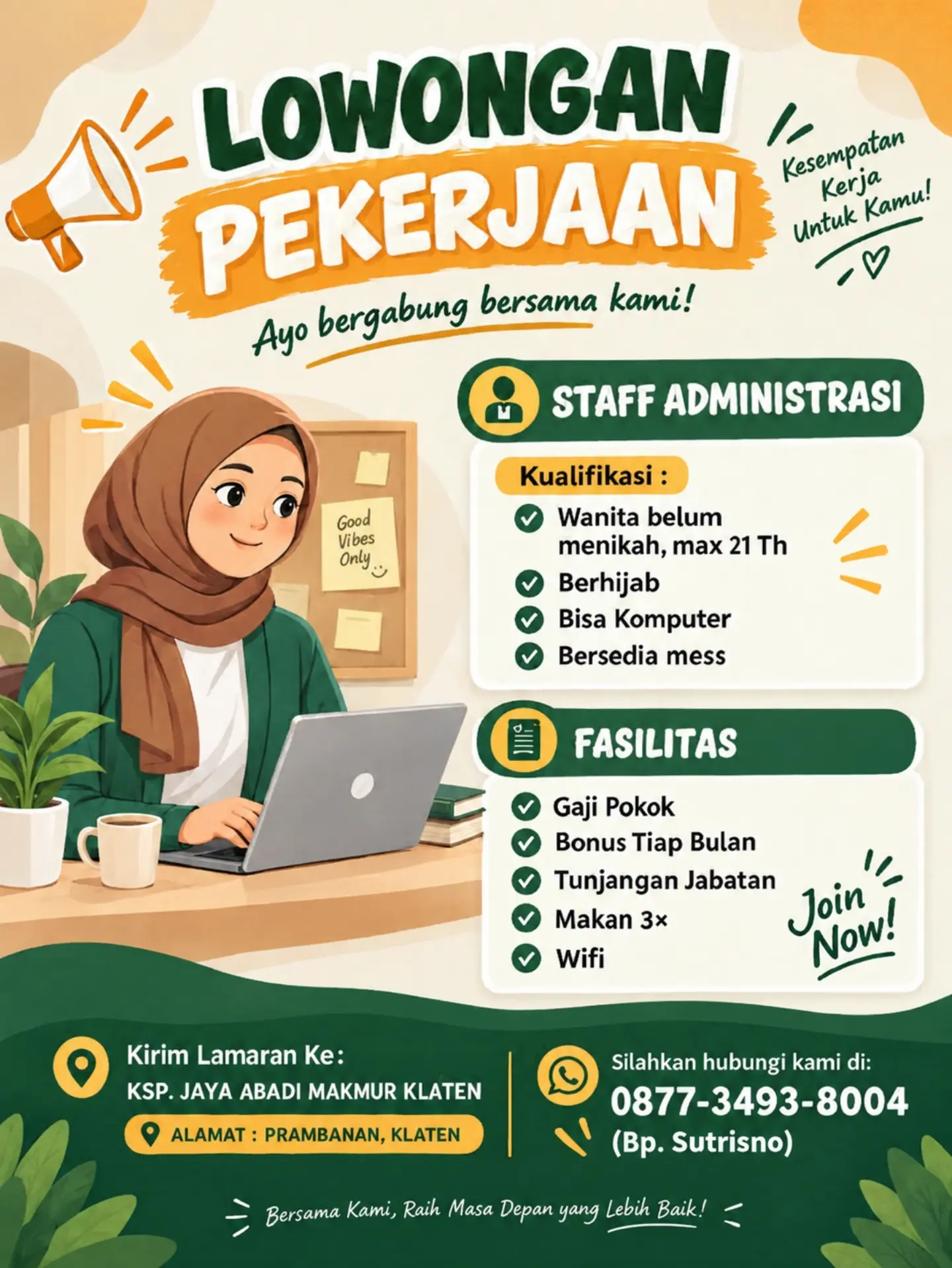 Poster Lowongan Kerja Staff Administrasi - KSP. Jaya Abadi Makmur Klaten