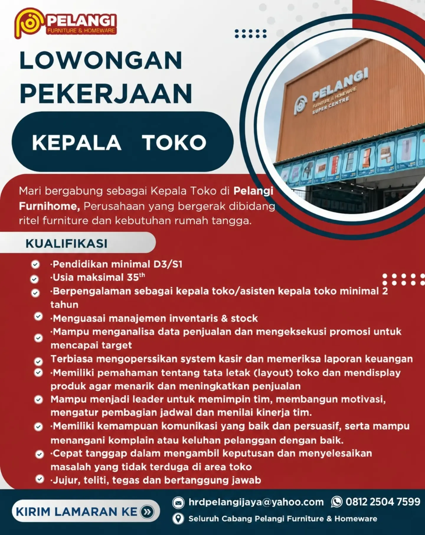 Poster Lowongan Kerja Kepala Toko - Pelangi Furniture & Homeware