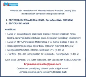 Lowongan Kerja di PT Masmedia Buana Pustaka Cabang Solo (Editor Buku Pelajaran (Kimia, Bahasa Jawa, Ekonomi) & Editor Cek Akhir) – Karanganyar