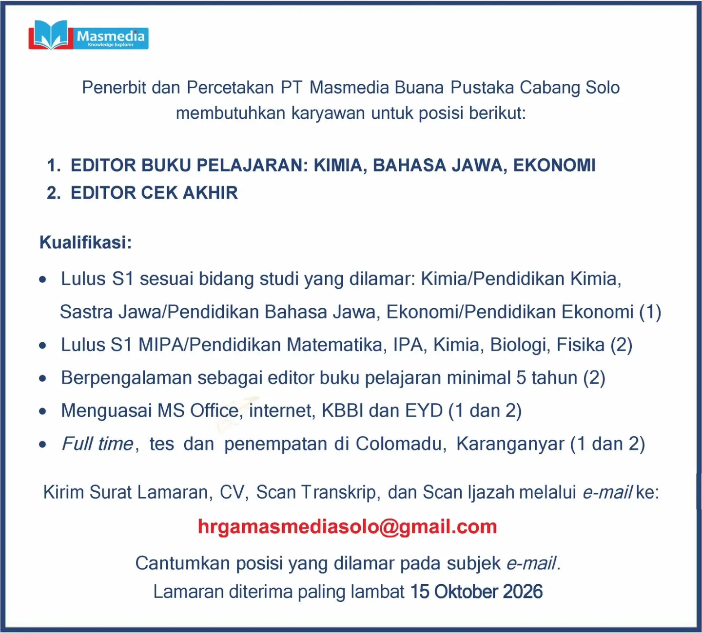 Poster Lowongan Kerja PT Masmedia Buana Pustaka Cabang Solo