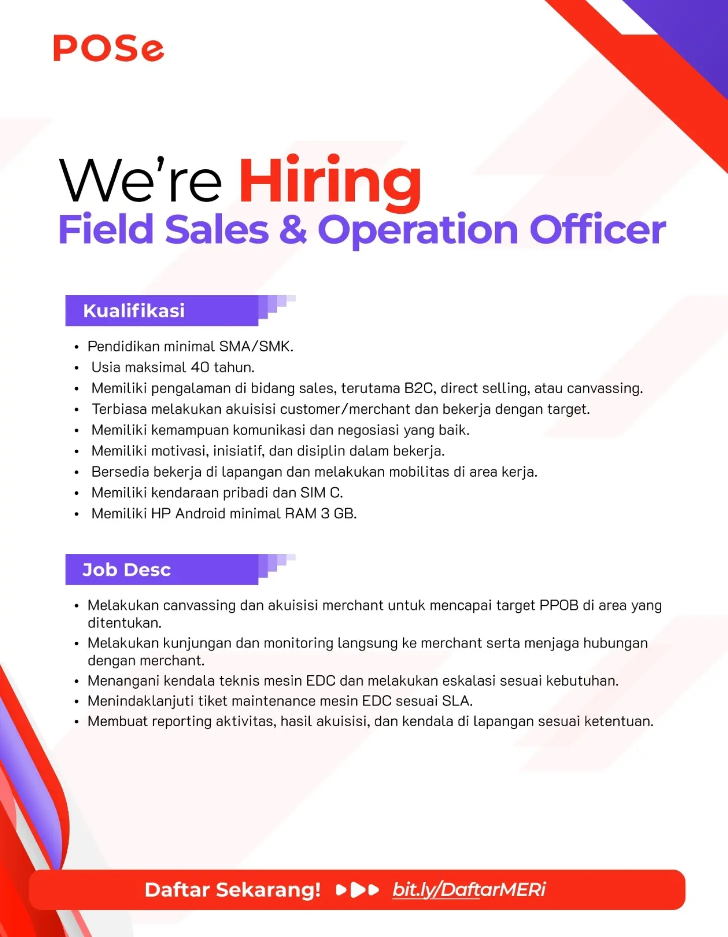 Poster Lowongan Kerja Field Sales & Operation Officer - POSe