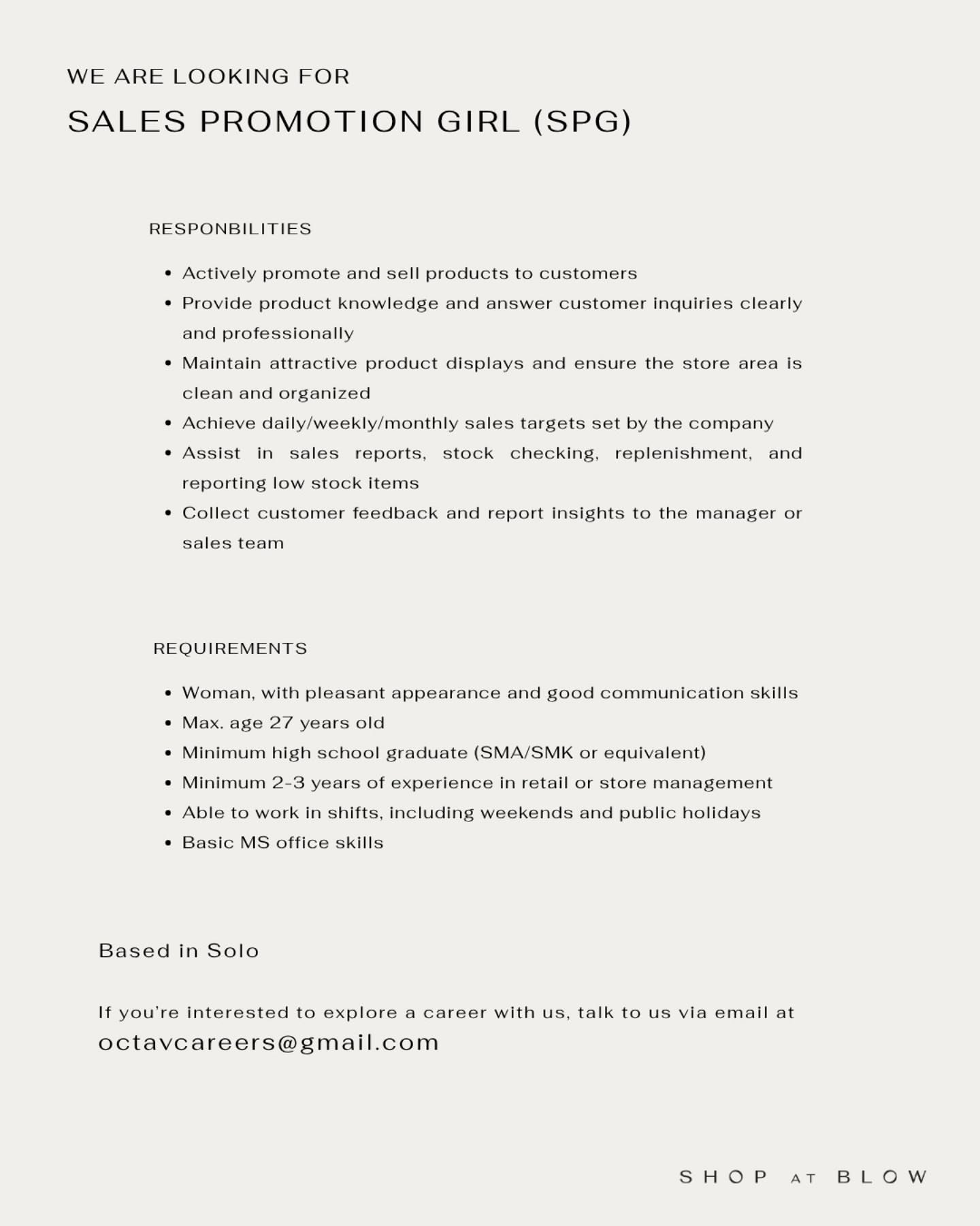 Poster Lowongan Kerja Sales Promotion Girl (SPG) - Shop at Blow