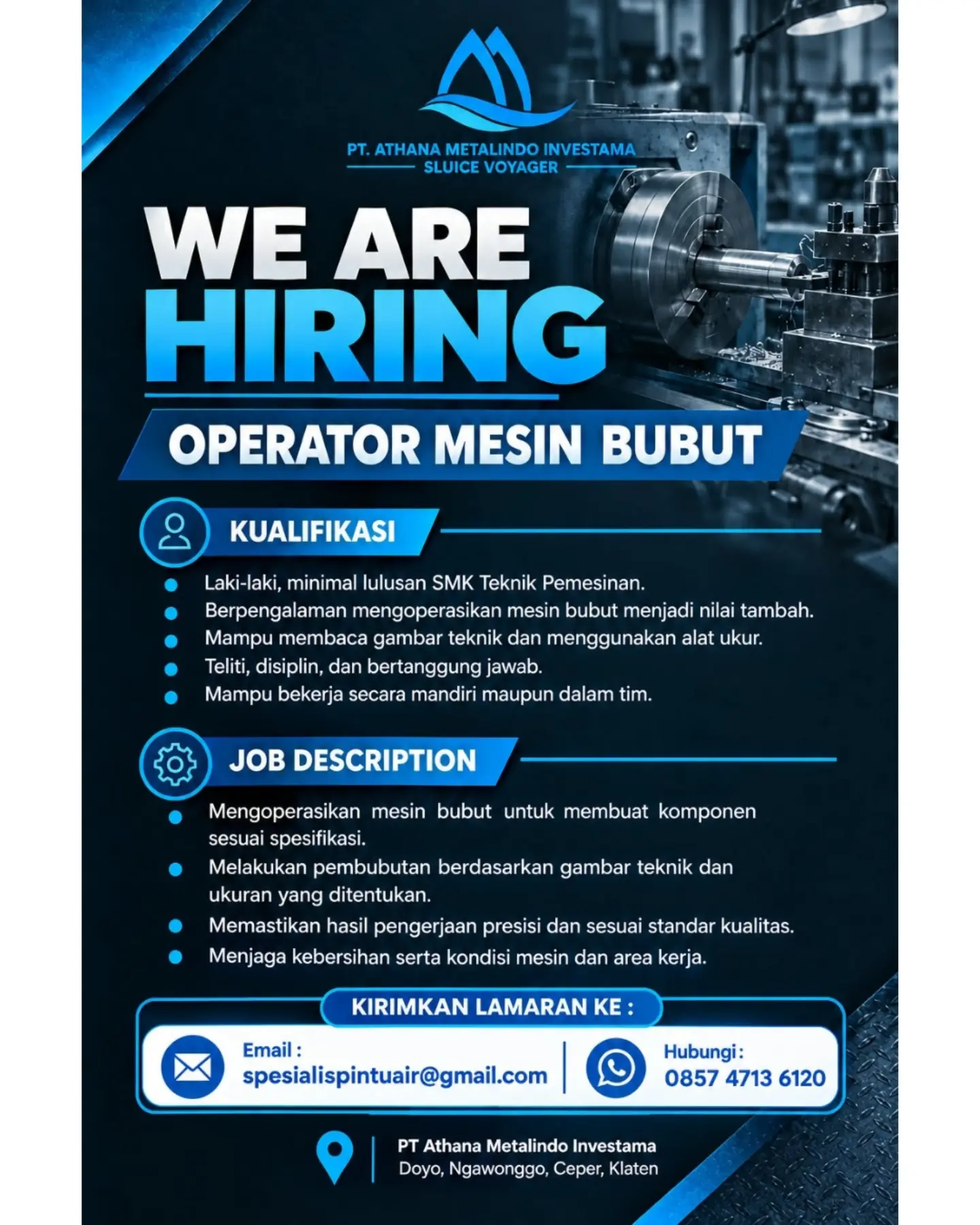 Poster Lowongan Kerja Operator Mesin Bubut - PT Athana Metalindo Investama