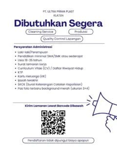 Lowongan Kerja di PT. Ultra Prima Plast (Cleaning Service, Produksi, & Quality Control Lapangan) – Klaten