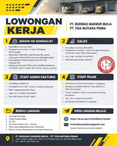 Lowongan Kerja di PT Budimas Makmur Mulia & PT Tiga Mutiara Prima (4 Posisi (Senior HR Generalist, Sales, dll)) – Surakarta