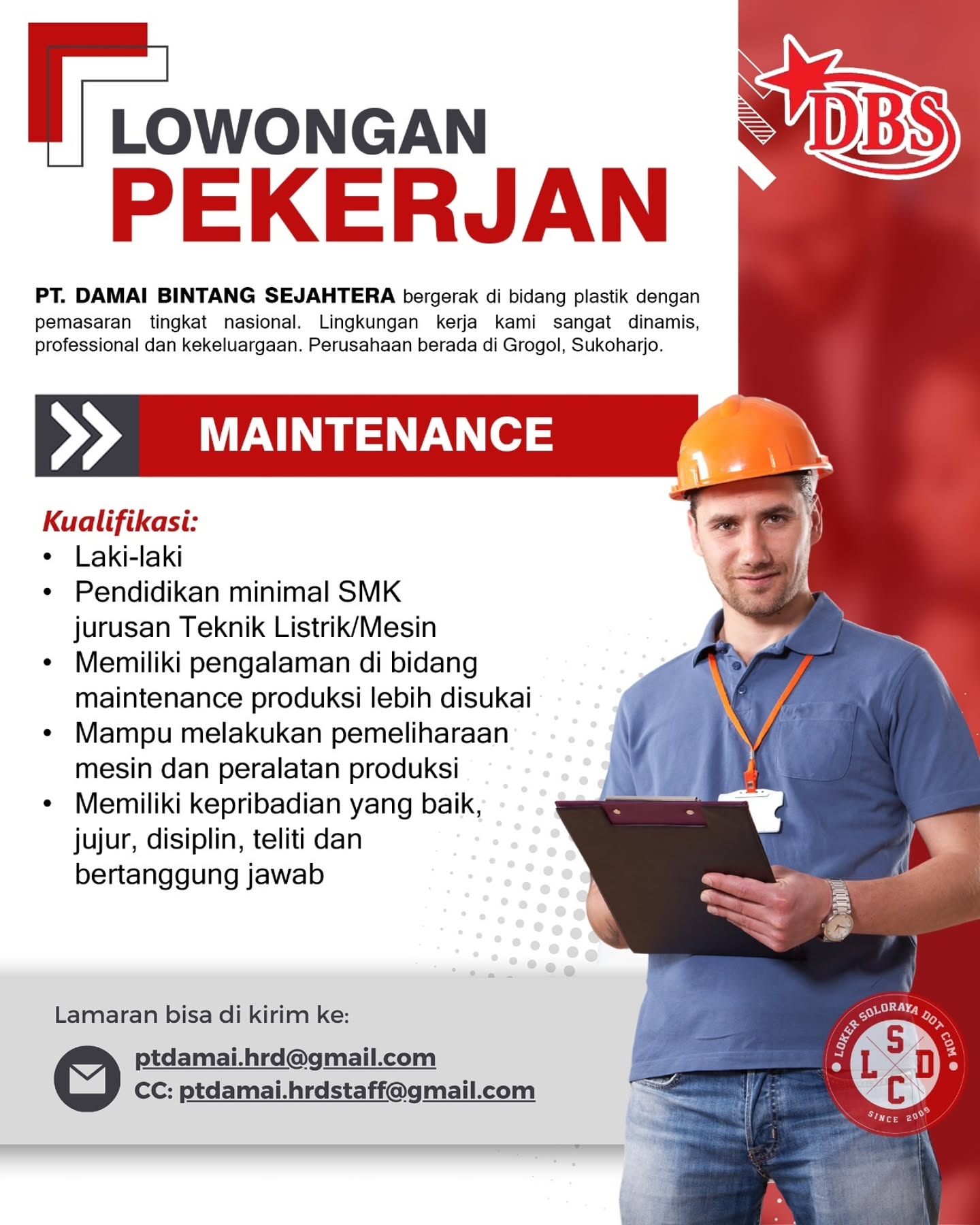 Poster Lowongan Kerja Maintenance - PT Damai Bintang Sejahtera