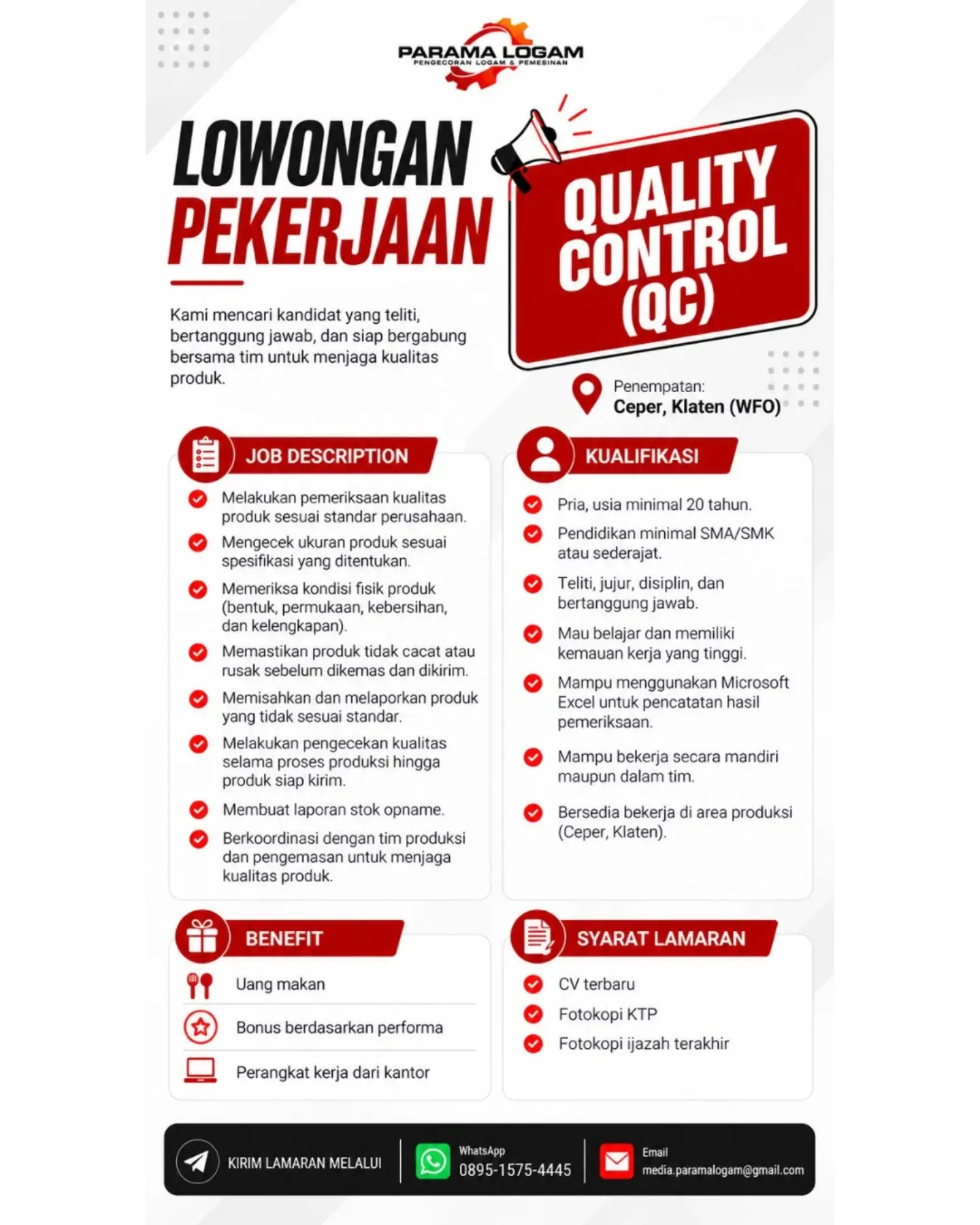 Poster Lowongan Kerja Quality Control (QC) - Parama Logam