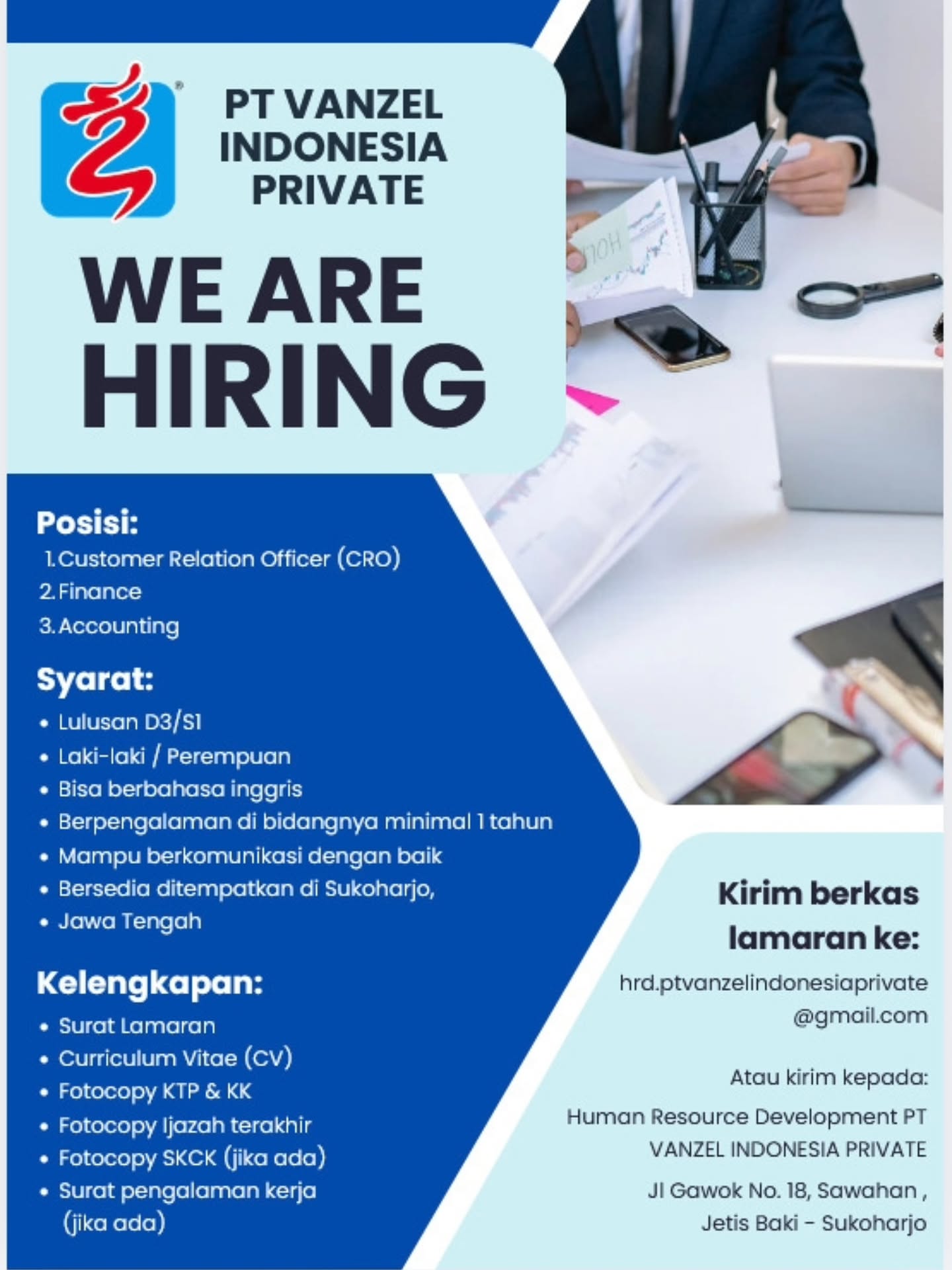 Poster Lowongan Kerja PT Vanzel Indonesia Private
