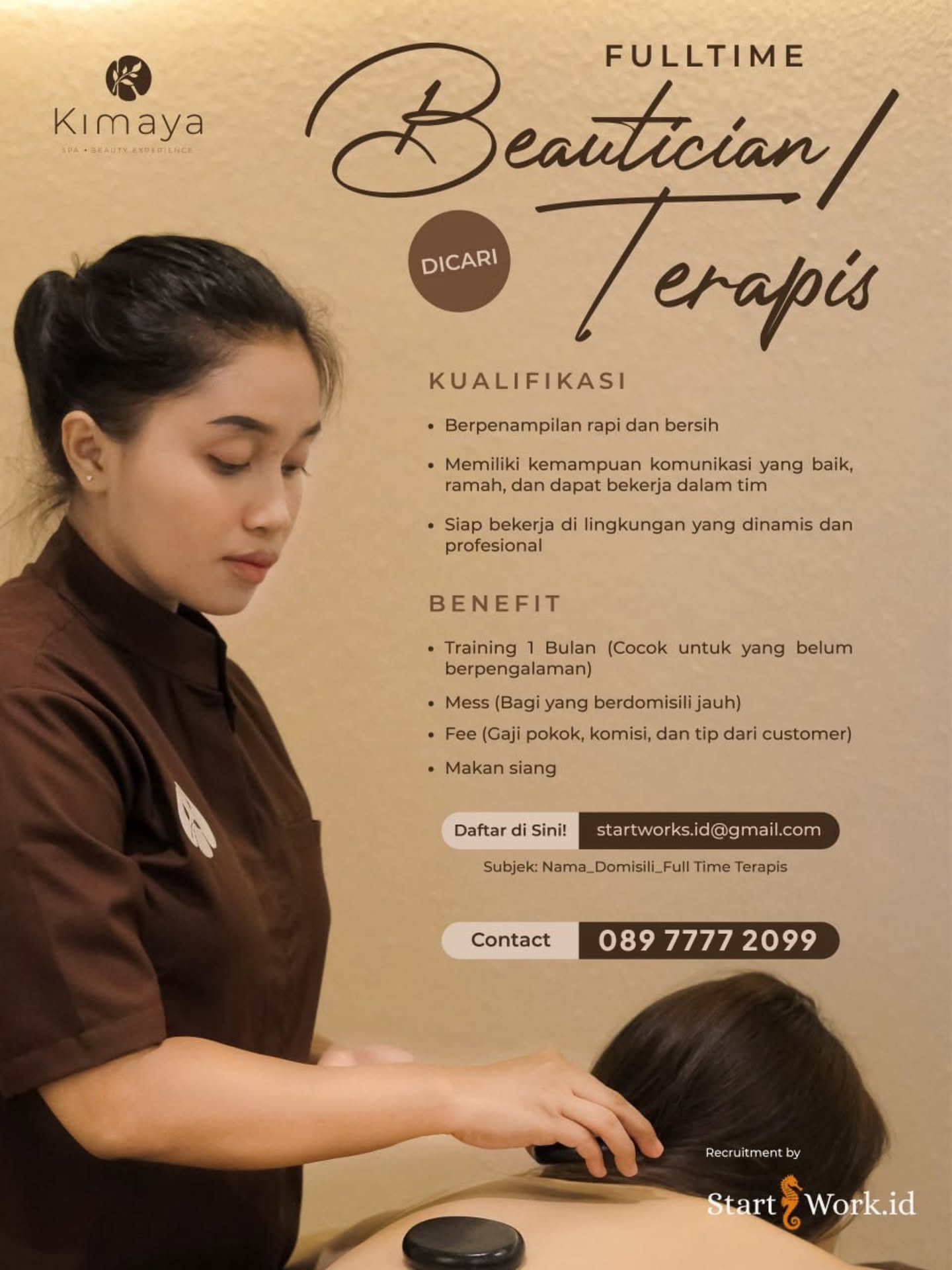 Poster Lowongan Kerja Beautician / Terapis - Kimaya Spa & Beauty Experience