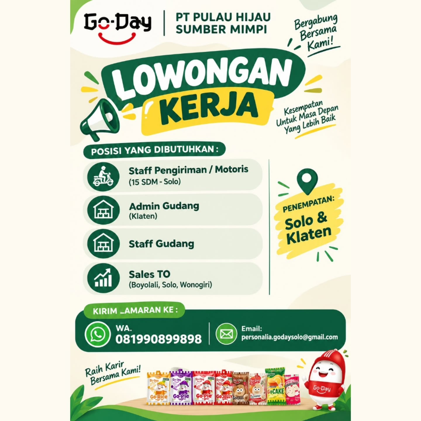 Poster Lowongan Kerja Go-Day (PT Pulau Hijau Sumber Mimpi) Slide 1