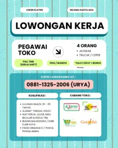 Lowongan Kerja Pegawai Toko di Klaras Minimarket, Janur, Manggar, Gendhis (Jatinom, Trucuk / Ceper, Klaten)