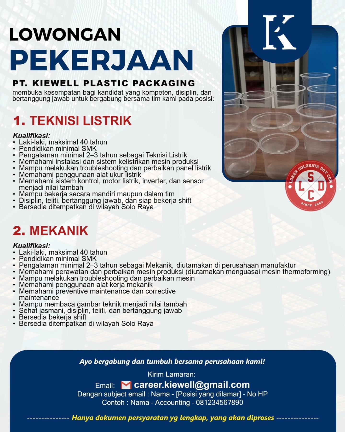 Poster Lowongan Kerja PT Kiewell Plastic Packaging Slide 1