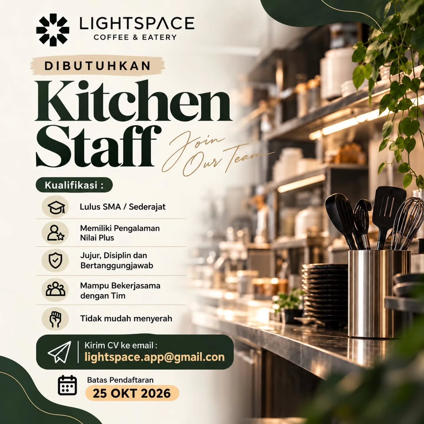 Poster Lowongan Kerja Kitchen Staff - Lightspace Coffee & Eatery