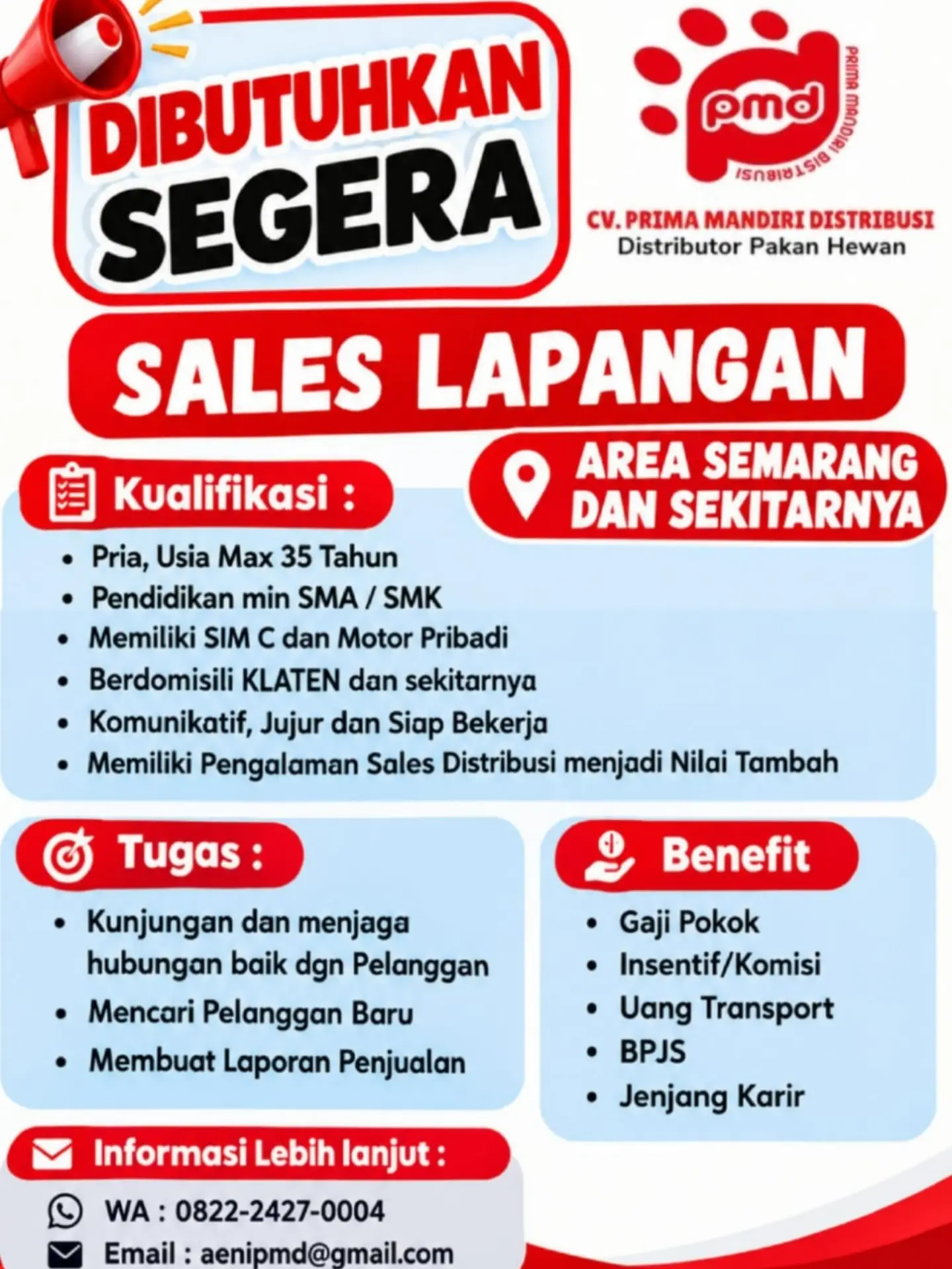 Poster Lowongan Kerja Sales Lapangan - CV. Prima Mandiri Distribusi