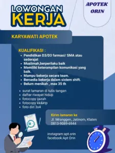 Lowongan Kerja Karyawati Apotek di Apotek Orin (Jatinom, Klaten)