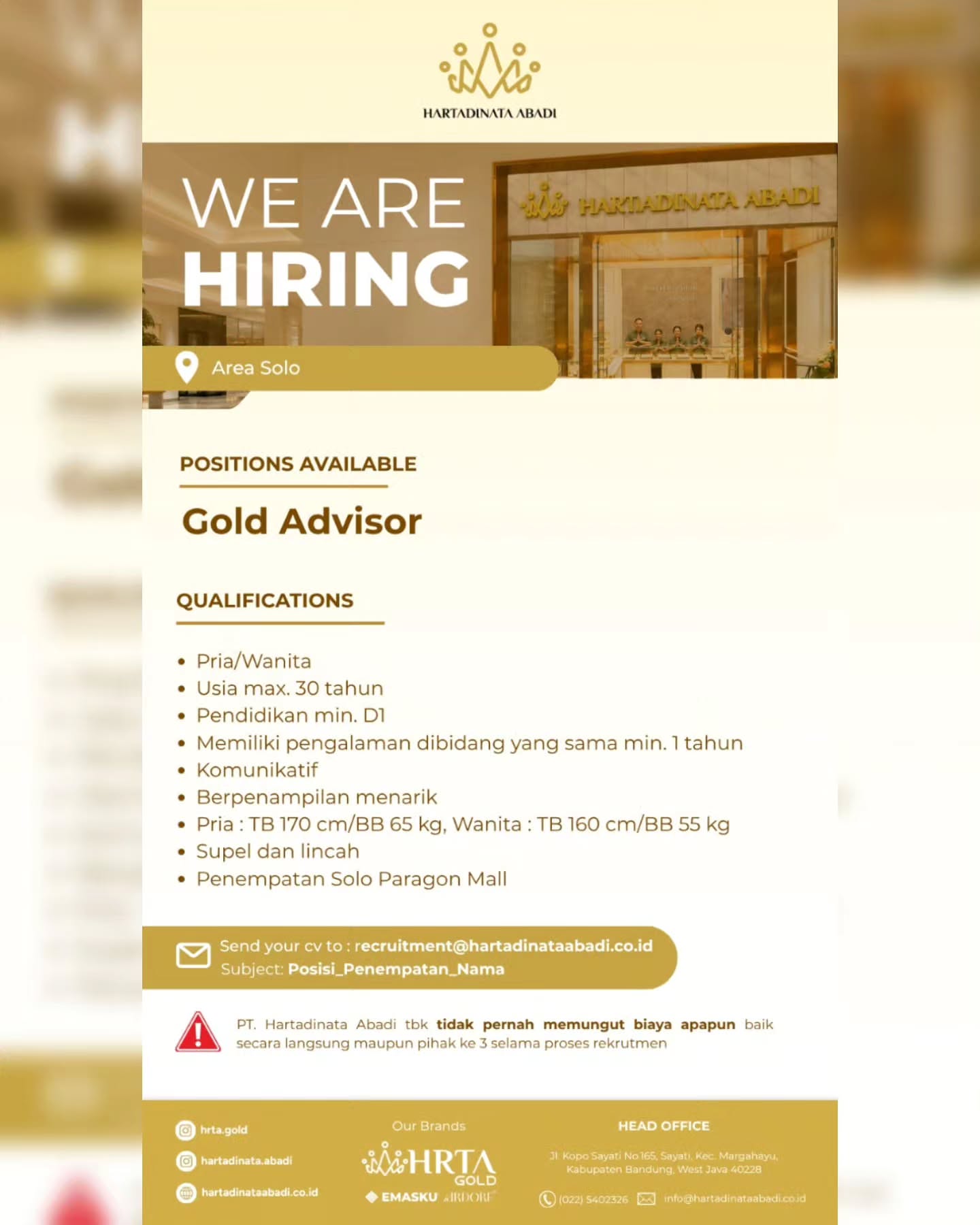 Poster Lowongan Kerja Gold Advisor - PT Hartadinata Abadi Tbk