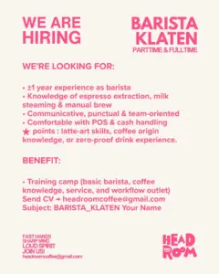 Lowongan Kerja Barista (Part Time & Full Time) di Headroom Coffee (Klaten)