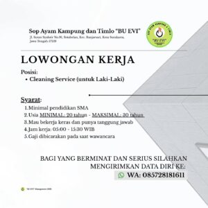 Lowongan Kerja Cleaning Service di Sop Ayam Kampung dan Timlo BU EVI (Solo (Banjarsari, Surakarta))