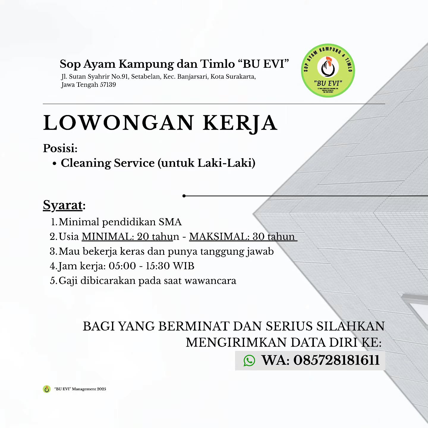 Poster Lowongan Kerja Cleaning Service - Sop Ayam Kampung dan Timlo BU EVI