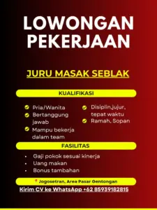Lowongan Kerja Juru Masak Seblak di Kedai Seblak Gentongan (Jogosetran, Area Pasar Gentongan, Klaten)
