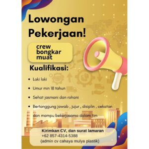 Lowongan Kerja di CV Cahaya Mulya Plastik (Crew Bongkar Muat, Operator Produksi, & Staf Kantor) – Sukoharjo