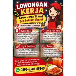 Lowongan Kerja Crew Jaga Stand di Stand Teh & Ayam Geprek (Gatak, Sukoharjo)