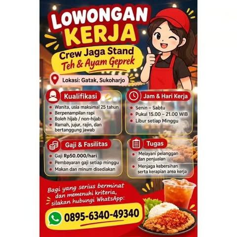 Poster Lowongan Kerja Crew Jaga Stand - Stand Teh & Ayam Geprek