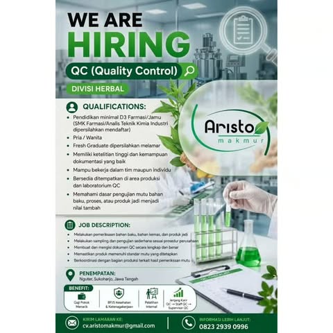 Poster Lowongan Kerja QC (Quality Control) Divisi Herbal - CV. Aristo Makmur