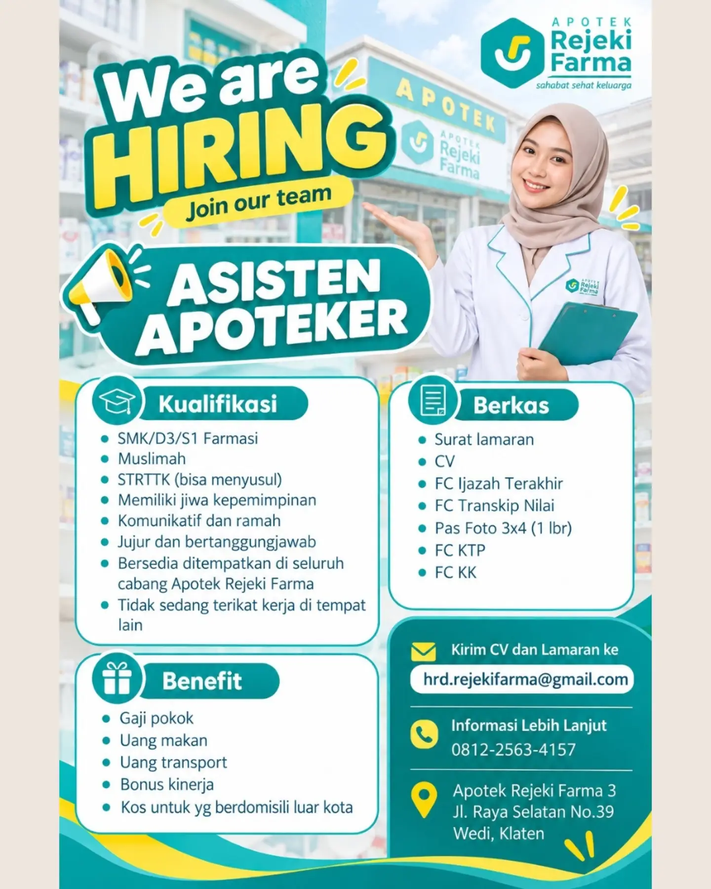 Poster Lowongan Kerja Asisten Apoteker - Apotek Rejeki Farma