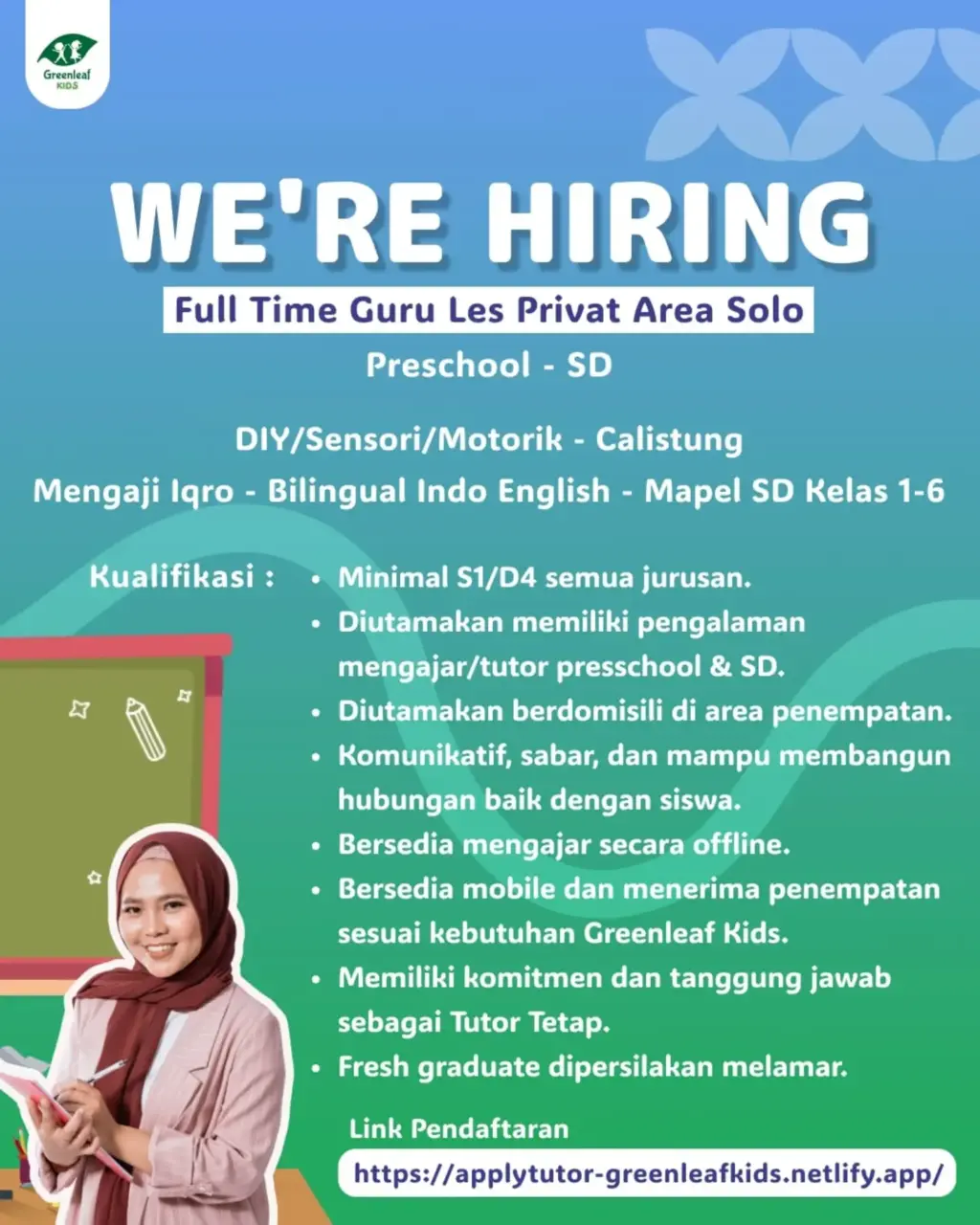 Poster Lowongan Kerja Tutor Privat Sekolah Dasar - Greenleaf Kids