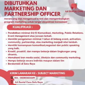 Lowongan Kerja Marketing dan Partnership Officer di AA Dental Care (Solo Raya)