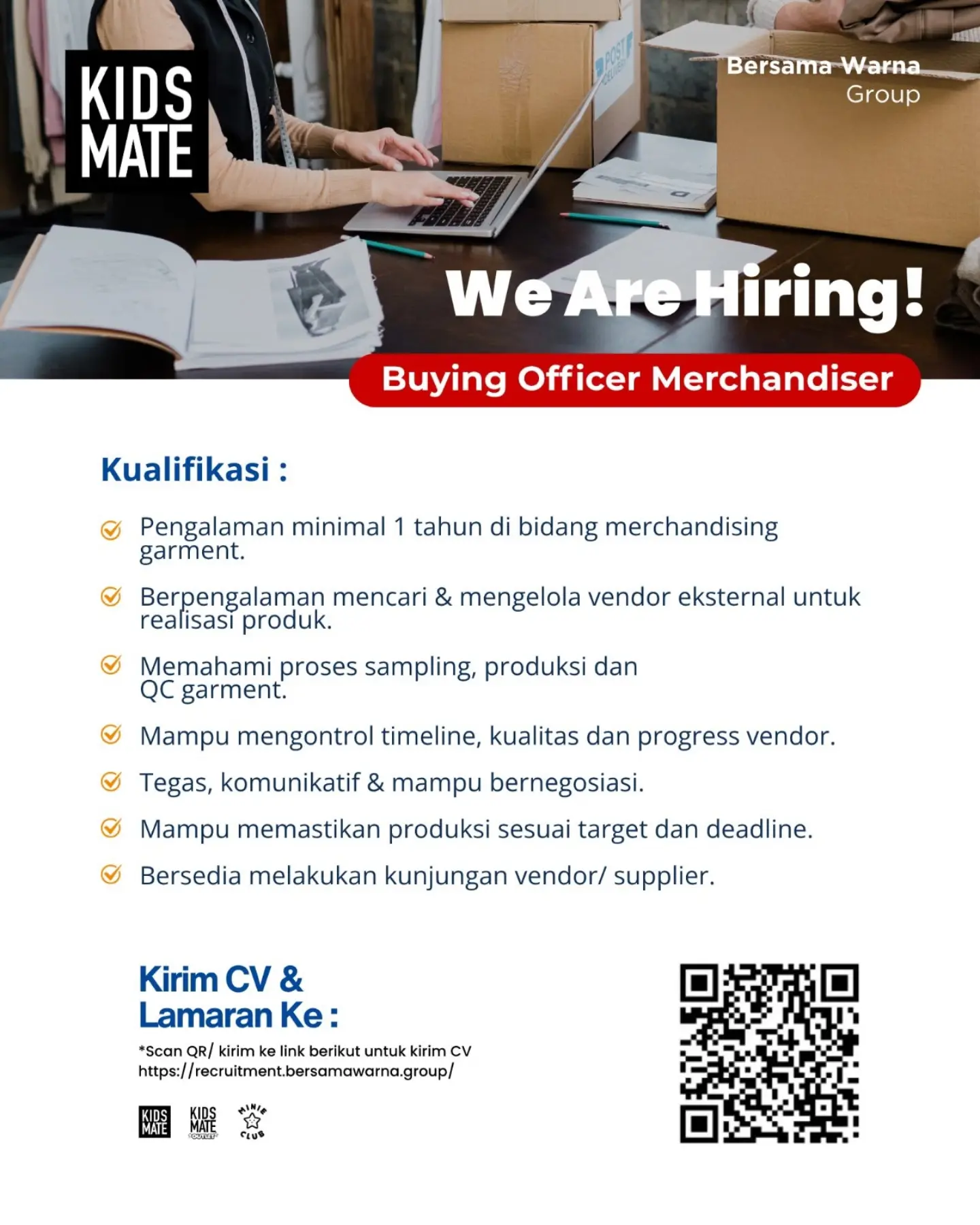 Poster Lowongan Kerja Buying Officer Merchandiser - Kids Mate (Bersama Warna Group)