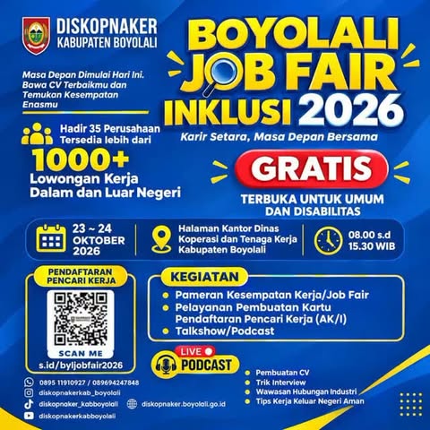Poster Lowongan Kerja Peserta Job Fair (1000+ Lowongan Kerja Hadir 35 Perusahaan) - Diskopnaker Kabupaten Boyolali